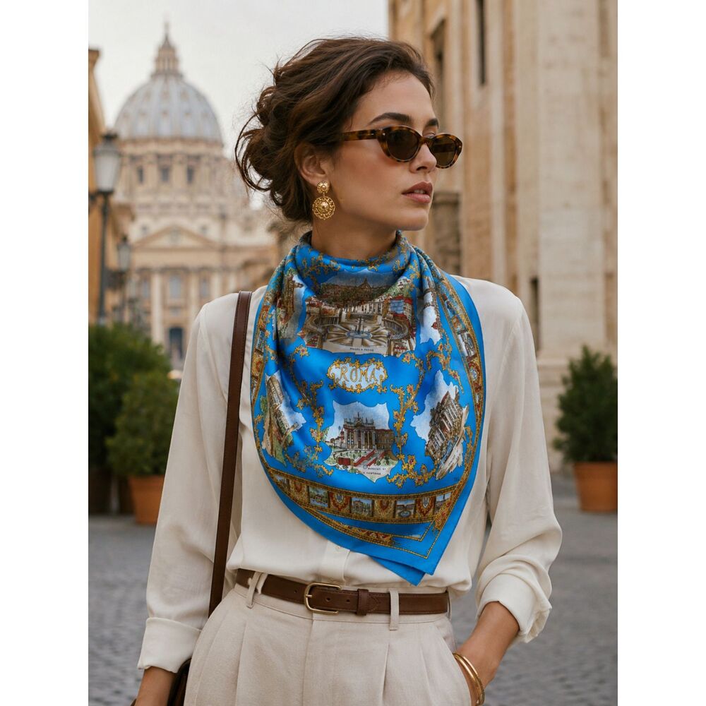 Vintage Roma Italy Souvenir Silk Scarf Royal Blue Rome Landmarks Colosseum